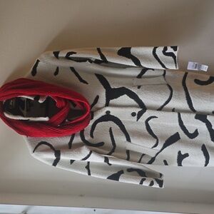 Black and White Patterned Mid Length Sweater Jacket Fuzzy Warm